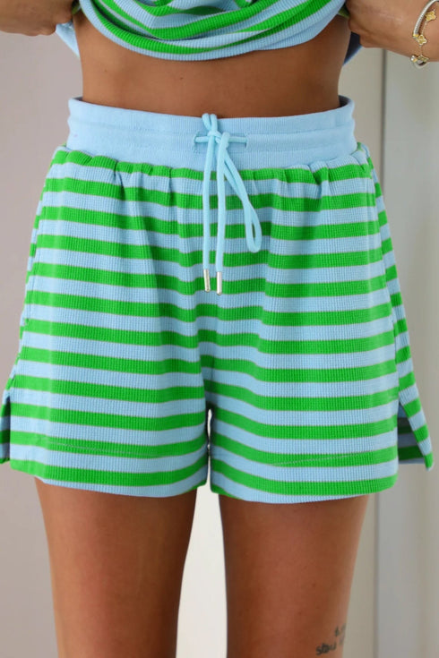 Green Stripe Puff Short Sleeve T Shirt Matching Shorts Set