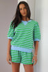 Green Stripe Puff Short Sleeve T Shirt Matching Shorts Set