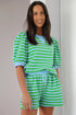 Green Stripe Puff Short Sleeve T Shirt Matching Shorts Set