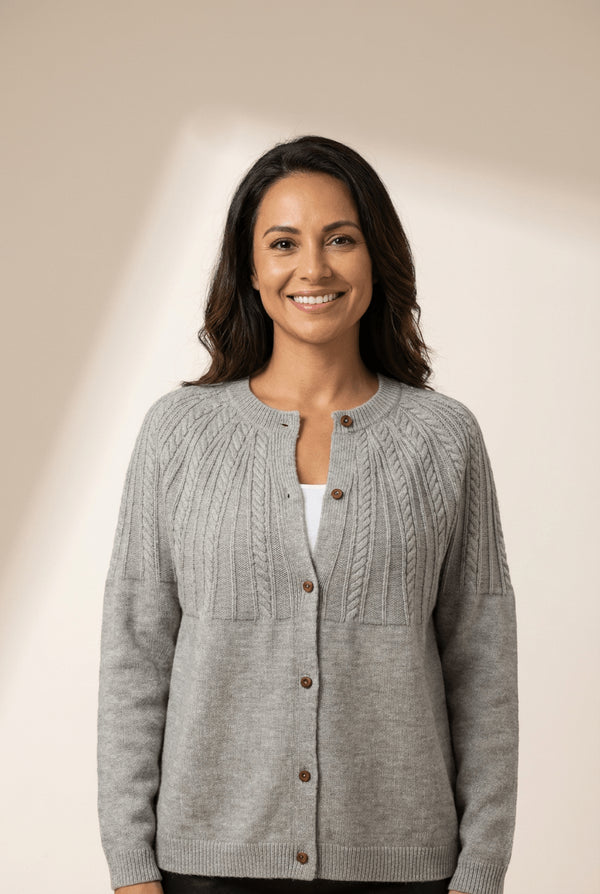 Women's Heather Gray Cable-Knit Yoke Cardigan with Wooden Buttons
