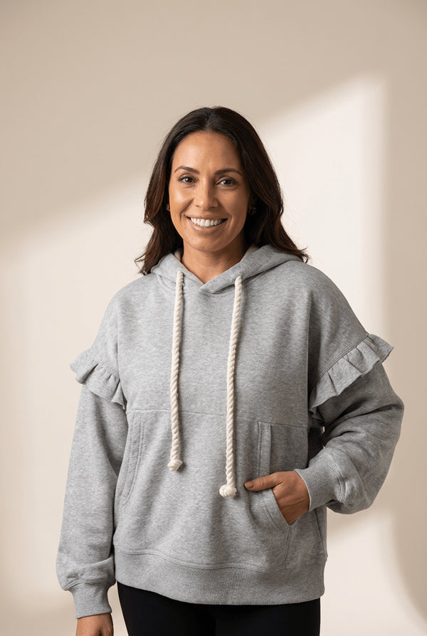 Women's Heather Gray Ruffle Shoulder Hoodie Sweatshirt