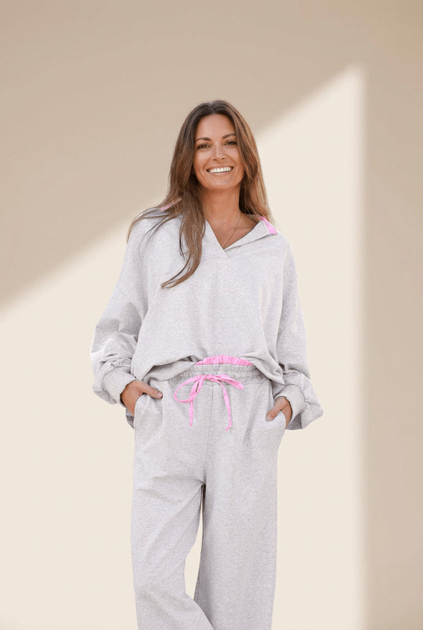 Women's Heather Grey Cotton-Blend Lounge Set with Contrast Trim