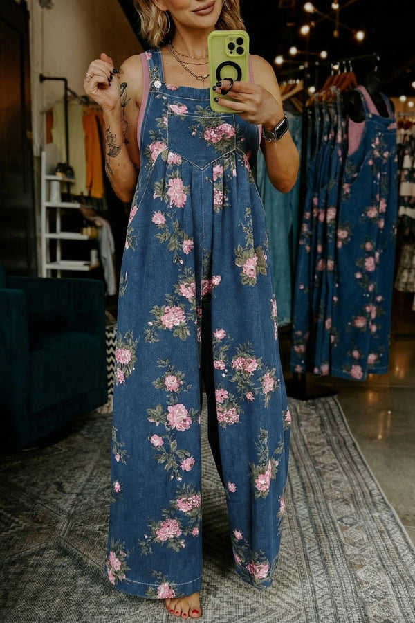 Blue Beau Floral Print Pleated High Waist Wide Leg Denim Jumpsuit