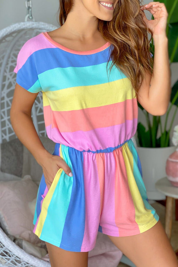 Women's High Waist Multicolor Striped Romper with Short Sleeves and Pockets for Effortless Summer Fashion