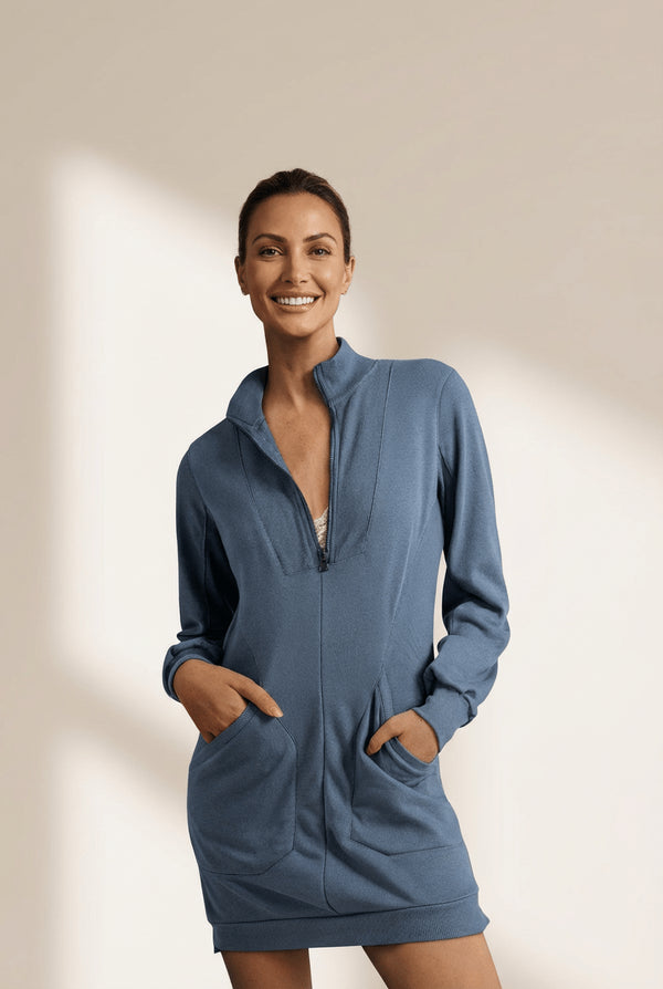 Women's Ivy Ribbed Zip-Up Sweatshirt Dress in Steel Blue