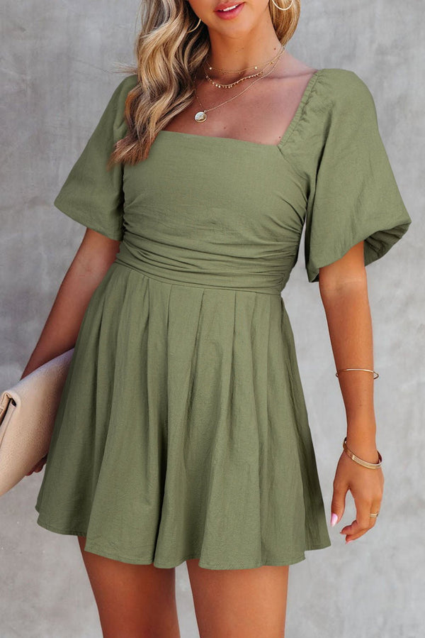 Women's Jungle Green Ruched Puff Sleeve Romper with Square Neck - Stylish, Comfortable Fit for Summer Adventures