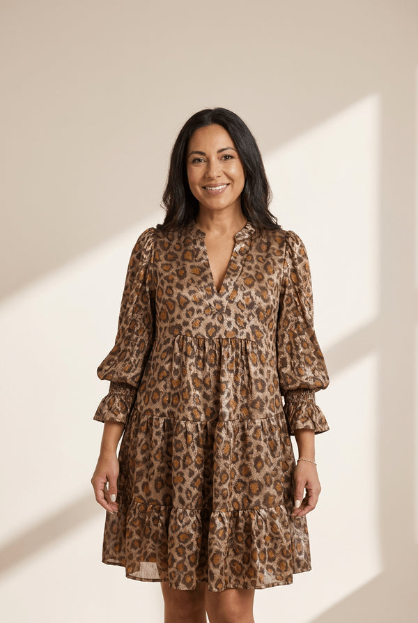 Women's Khaki Leopard Tiered Mini Dress with Ruffled Bracelet Sleeves