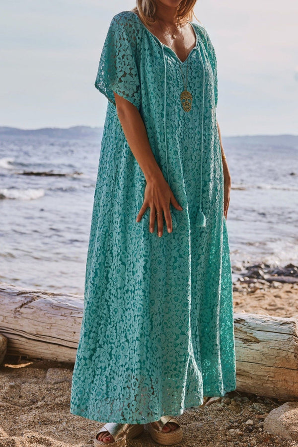 Women's Lapis Blue Floral Lace Maxi Dress with Tassel V-Neck