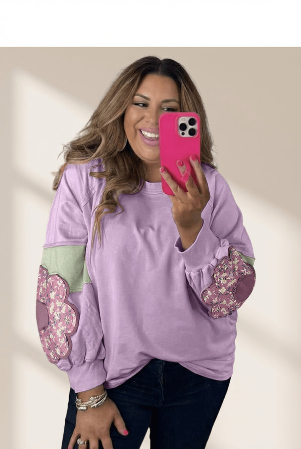 Women's Lavender Floral Appliqué Plus Size Colorblock Sweater