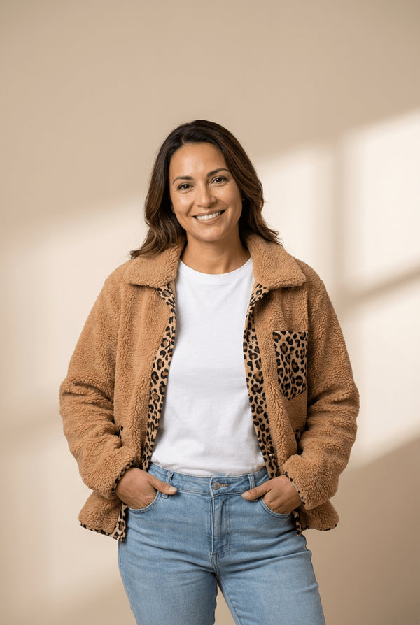 Women's Leopard Accent Camel Sherpa Jacket with Patch Pockets
