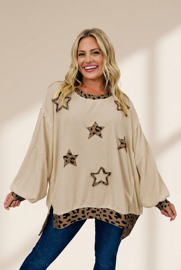 Women's Leopard Print Star Patchwork Oversized Sweatshirt