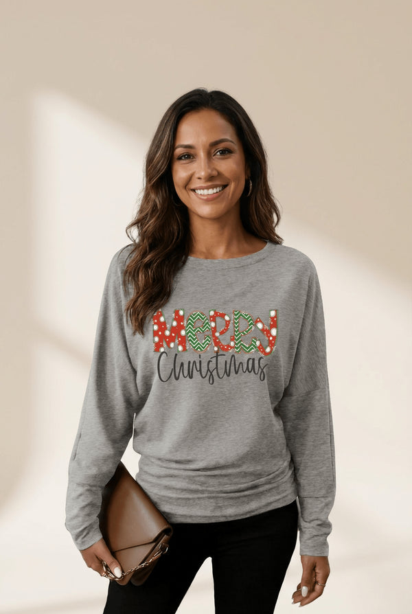 Women's Light Grey Merry Christmas Dolman Top with Extended Cuffs