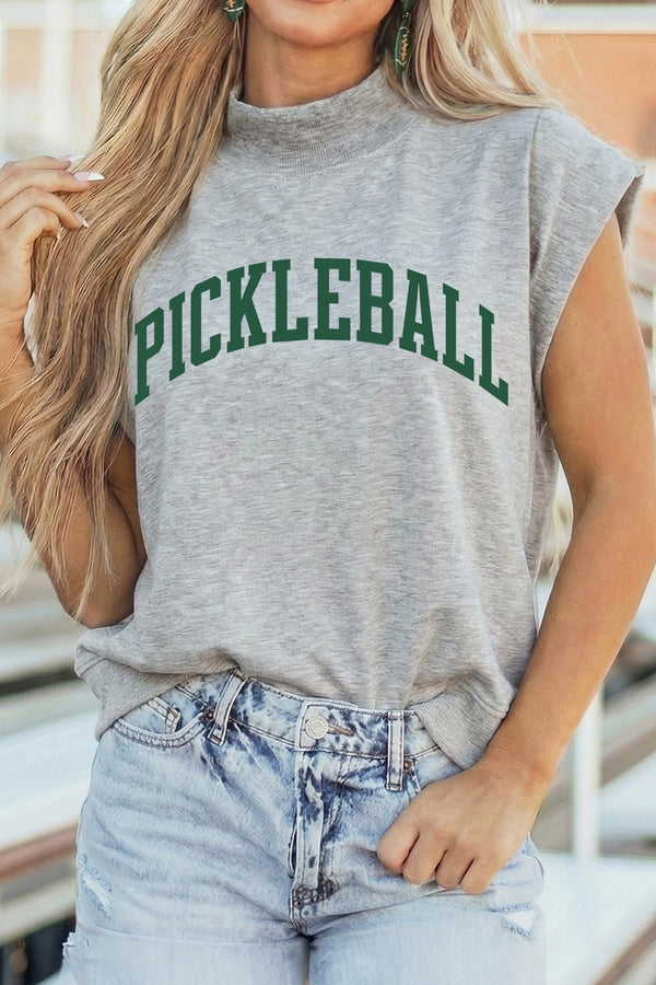 Women's Light Grey Mock Neck Short Sleeve Top with Pickleball Graphic - Trendy Activewear for Sporty Casual Styles