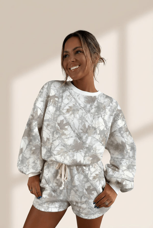 Women's Light Grey Woodland Camo Pullover and Drawstring Shorts Set with practical styling and dependable silhouette control.