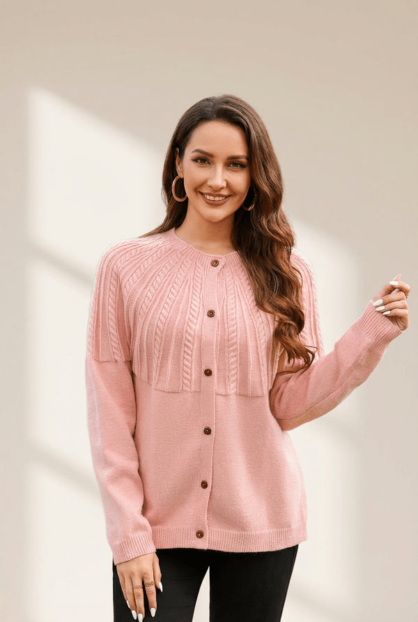 Women's Light Pink Cable-Yoke Cardigan with Wooden Buttons