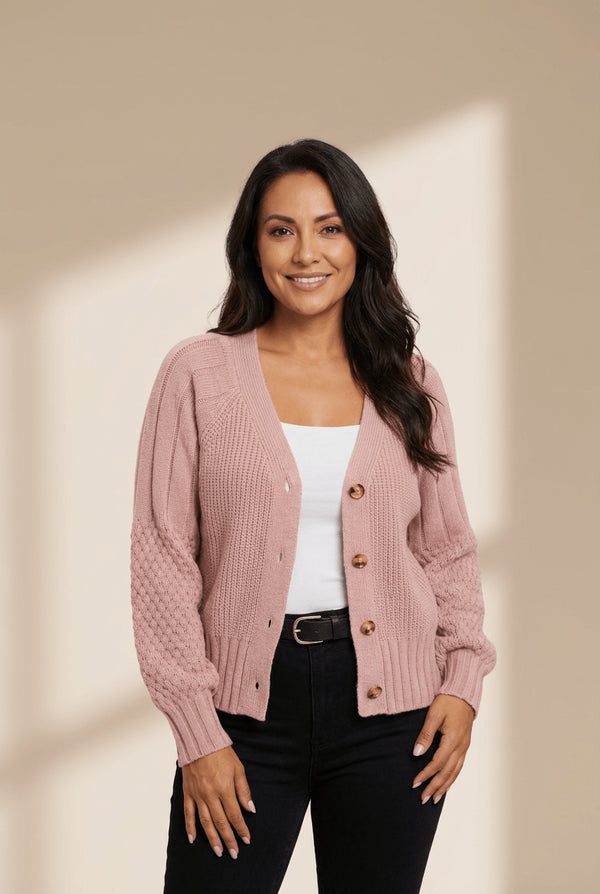Women's Light Pink Textured Knit V-Neck Cardigan Sweater