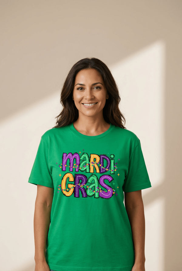 Women's Mardi Gras Festive Graphic Tee in Vibrant Green made for easy styling and wardrobe coordination, with premium-like structure and finish.