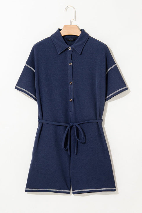 Navy Blue Stitched Detail Drop Shoulder Waffle Knit Romper