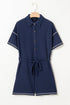 Navy Blue Stitched Detail Drop Shoulder Waffle Knit Romper