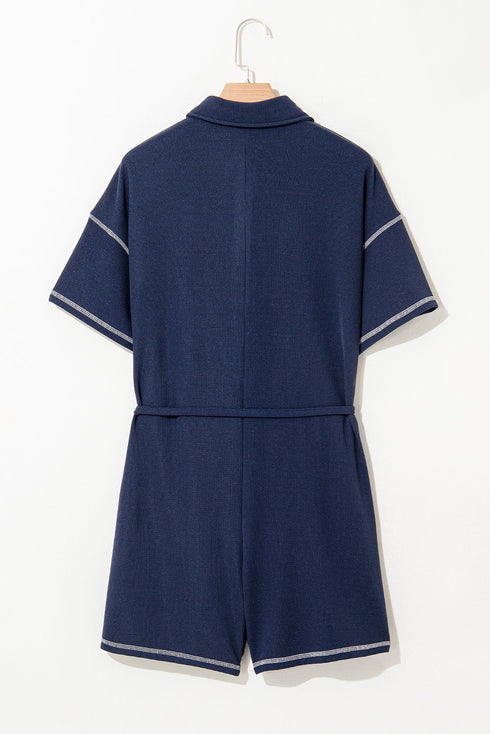 Navy Blue Stitched Detail Drop Shoulder Waffle Knit Romper