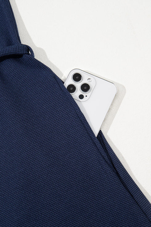 Navy Blue Stitched Detail Drop Shoulder Waffle Knit Romper