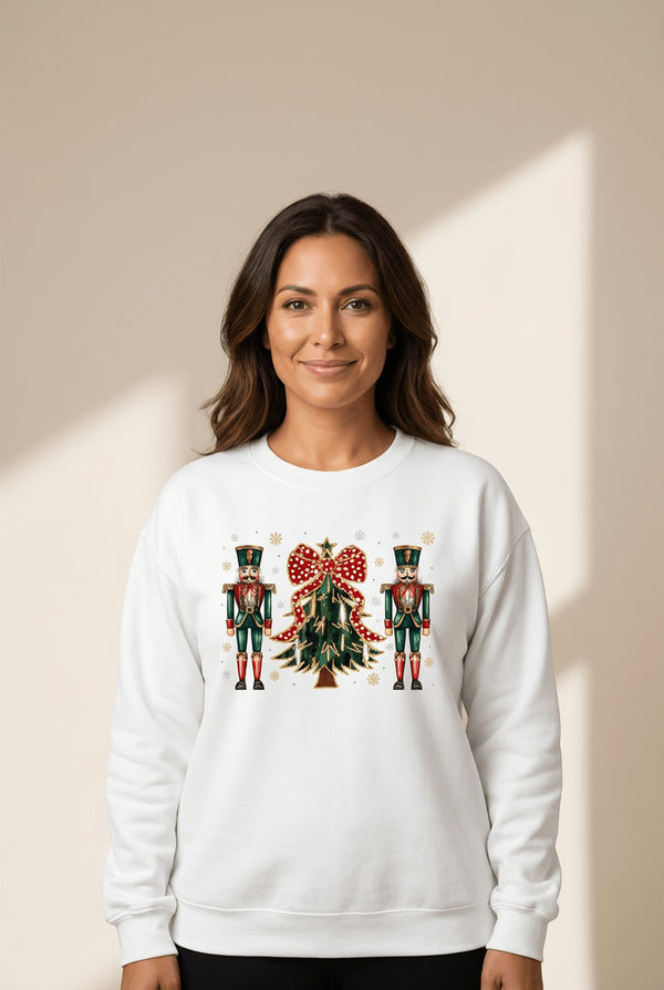 Women's Nutcracker and Christmas Tree Graphic Pullover in Winter White with practical styling and dependable silhouette control.