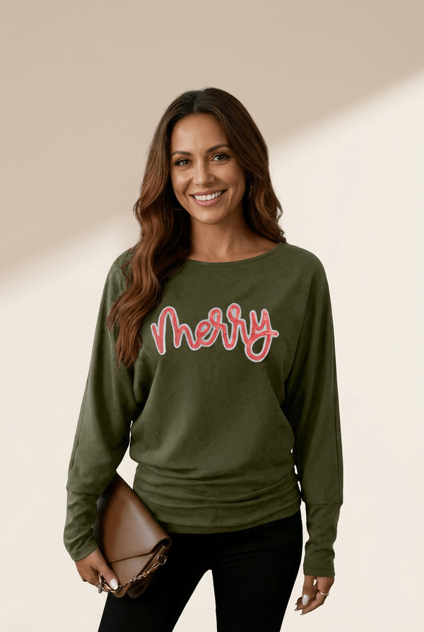 Women's Olive Sequin Merry Dolman Sleeve Top in Long Sleeve Tops