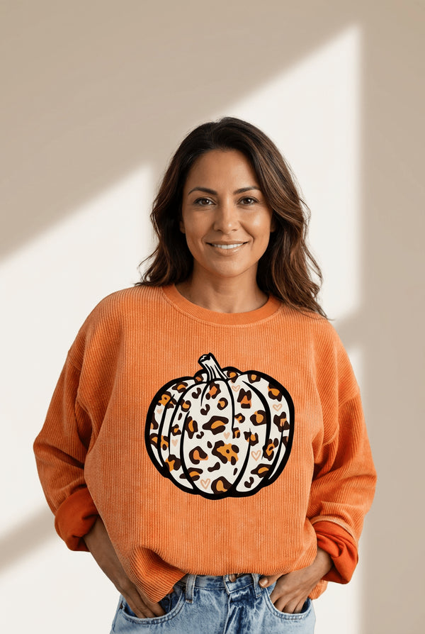Women's Orange Corded Leopard Pumpkin Sweatshirt