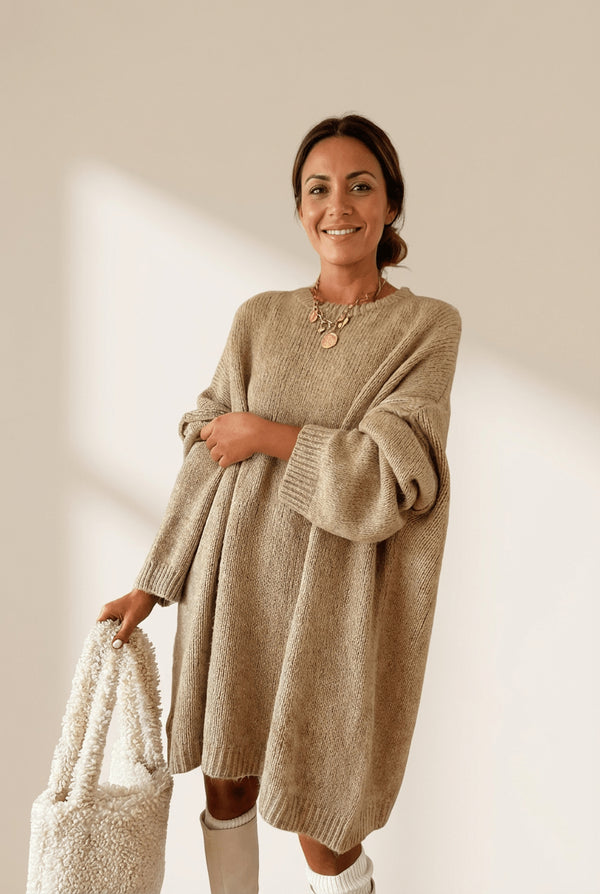 Women's Oversized Knit Mini Sweater Dress in Pale Khaki