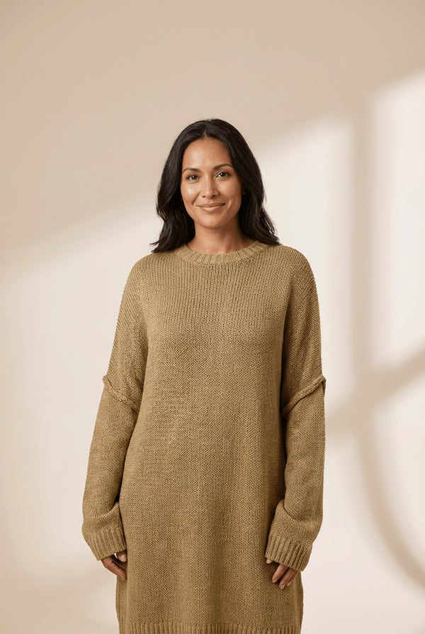 Women's Pale Khaki Oversized Knit Sweater Dress with Exposed Seams
