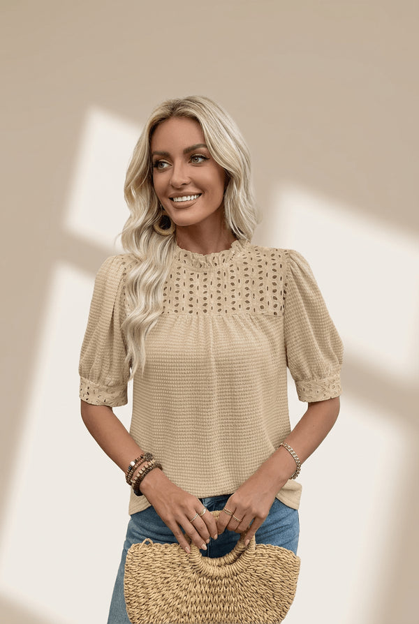 Women's Parchment Eyelet Knit Blouse with Ruffled Neck