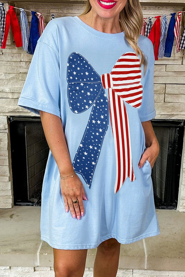 Women's Patriotic Women's Beau Blue Mini Dress with Bow and Stitched Details – Perfect for a Fun Summer Outfit