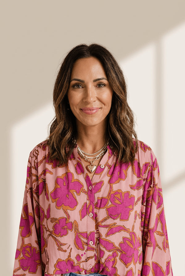 Women's Pink Floral 100% Viscose Batwing Sleeve Button-Up