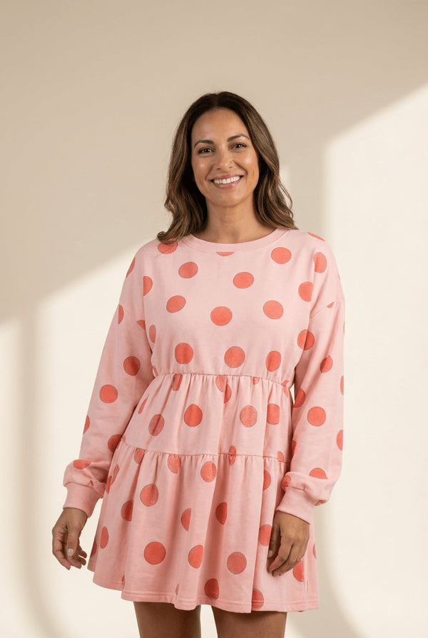 Women's Pink Polka Dot Tiered Long Sleeve Flared Mini Dress