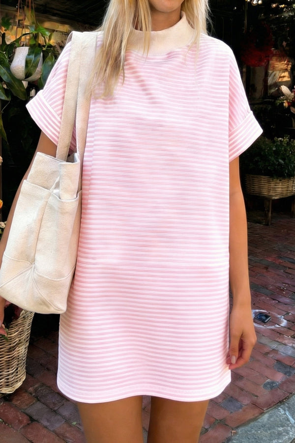 Women's Pink Stripe Mock Neck Tee Dress - Casual Chic Short Sleeve Style for Effortless Summer Outfits