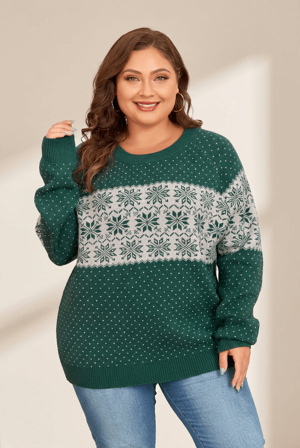 Women's Plus Size Forest Green Snowflake Knit Crewneck Sweater