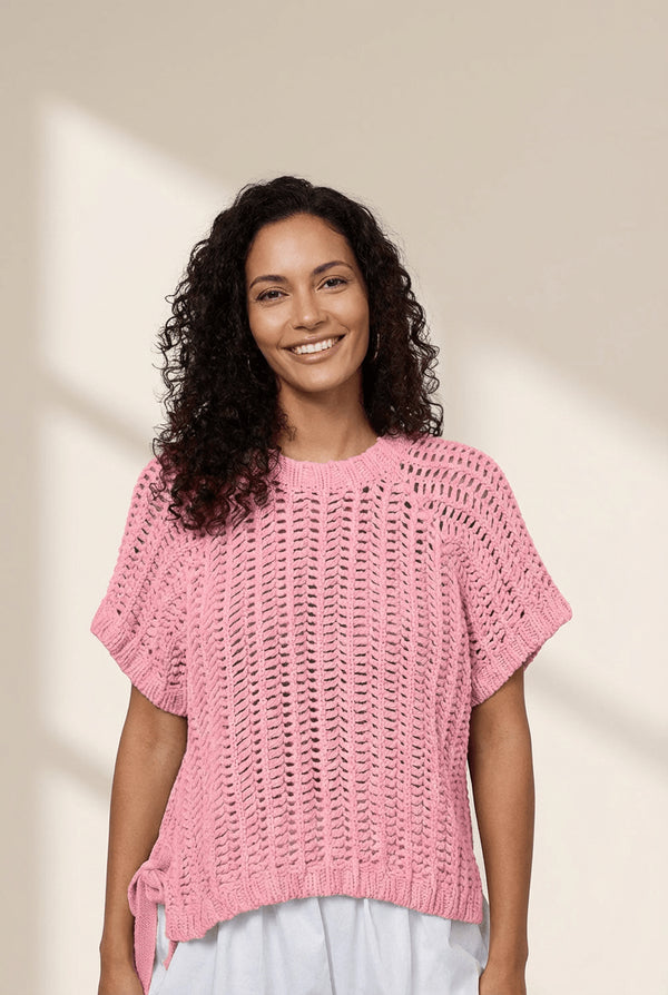Women's Plus Size Pink Open Knit Short Sleeve Sweater with Ties
