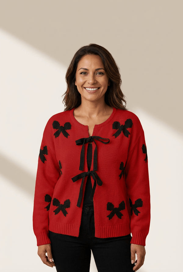 Women's Racing Red Ribbon Bow Tie Cardigan Sweater