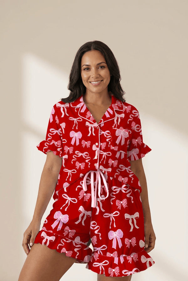Women's Red Bow Print Ruffle Pajama Set in Soft Stretch Knit
