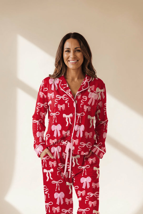 Women's Red Bow Print Satin Pajama Set: Long Sleeve Sleepwear