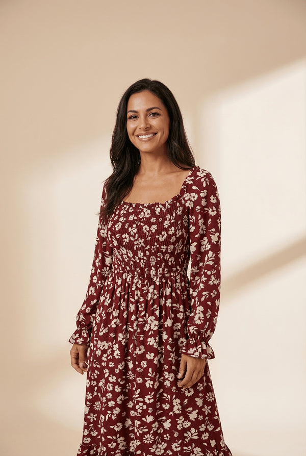 Women's Red Floral Smocked Maxi Dress with Square Neck