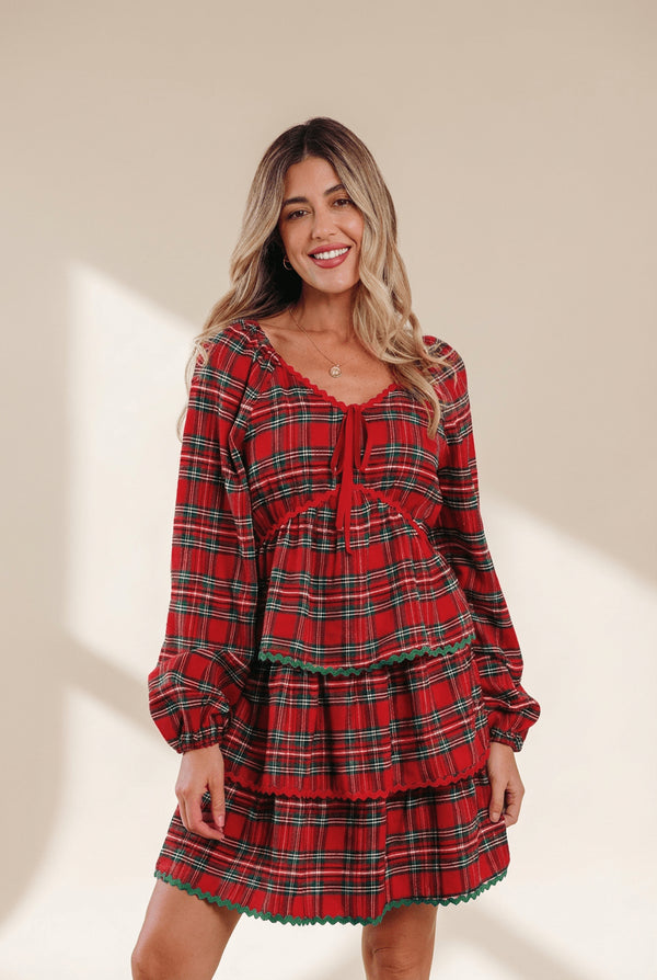 Women's Red Plaid Tiered Babydoll Mini Dress with Ricrac Trim