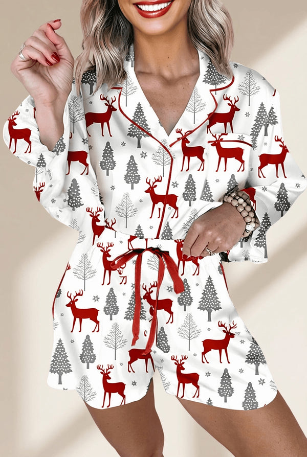Women's Red Reindeer Long Sleeve Satin Shorts Pajama Set