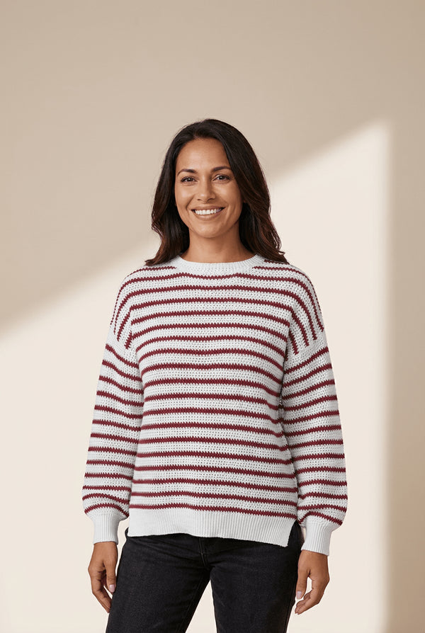 Women's Red Striped Knit Crewneck Sweater with Split Hem