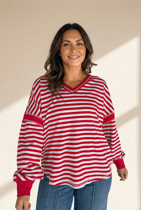 Women's Red Striped V-Neck Balloon Sleeve Pullover with Exposed Seams