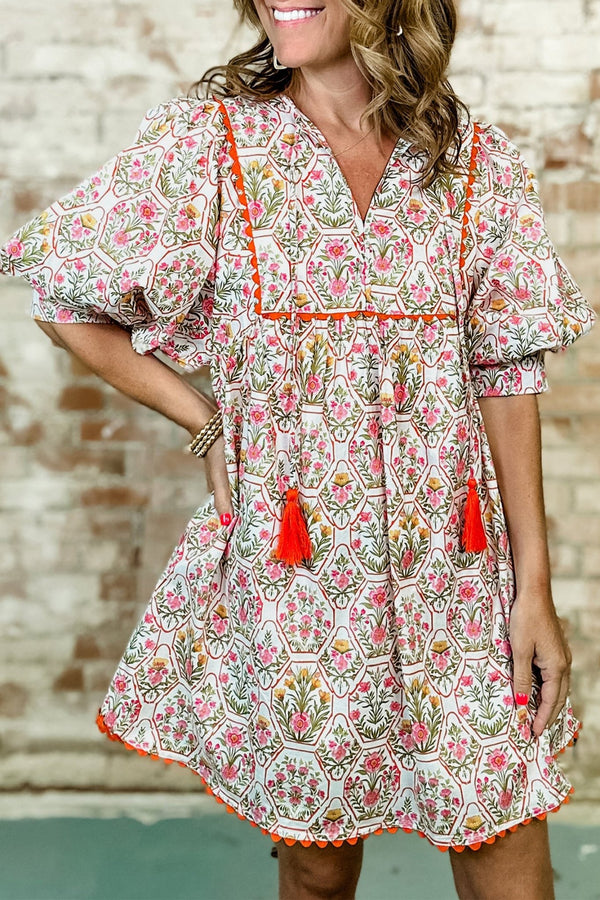 Women's Relaxed Fit Pink Floral Mini Dress with V-Neck and Tassel Tie - Perfect for Summer Outings and Events