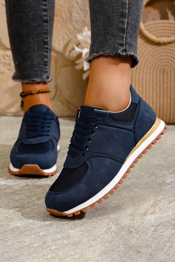 Women's Retro Navy Blue Faux Suede Jogger Sneakers - Stylish, Comfortable Footwear with Trendy Patchwork Design