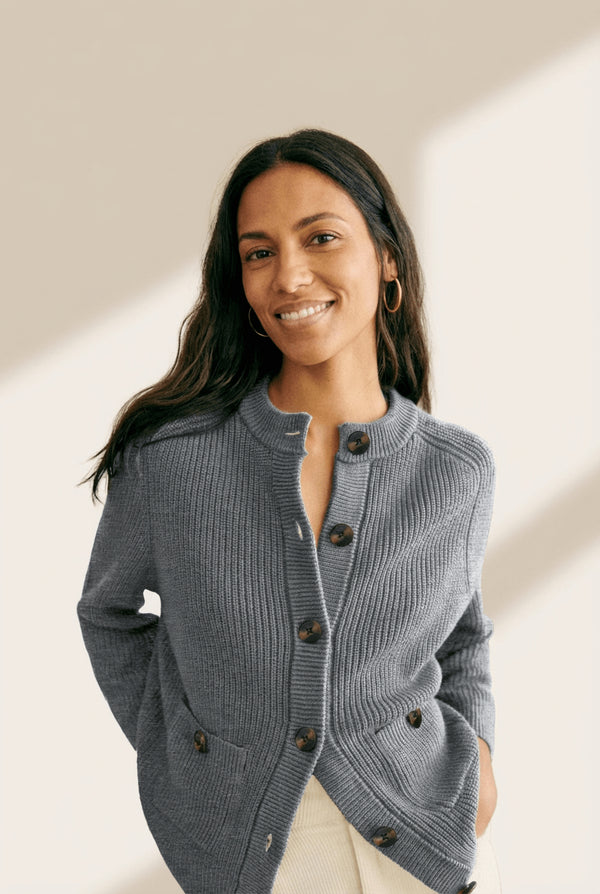 Women's Ribbed Viscose-Blend Crewneck Cardigan in Heather Grey