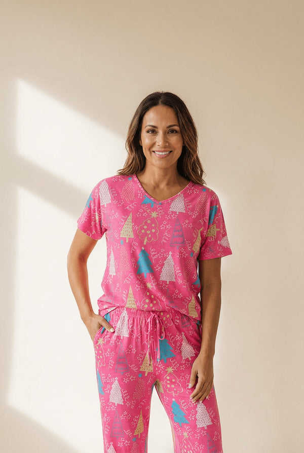 Women's Rose Christmas Tree Print V-Neck Lounge Set