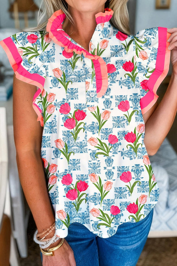 Women's Rose Floral Color Block Blouse with Striped Trim, Flutter Sleeves, Perfect for Spring and Summer Outfits